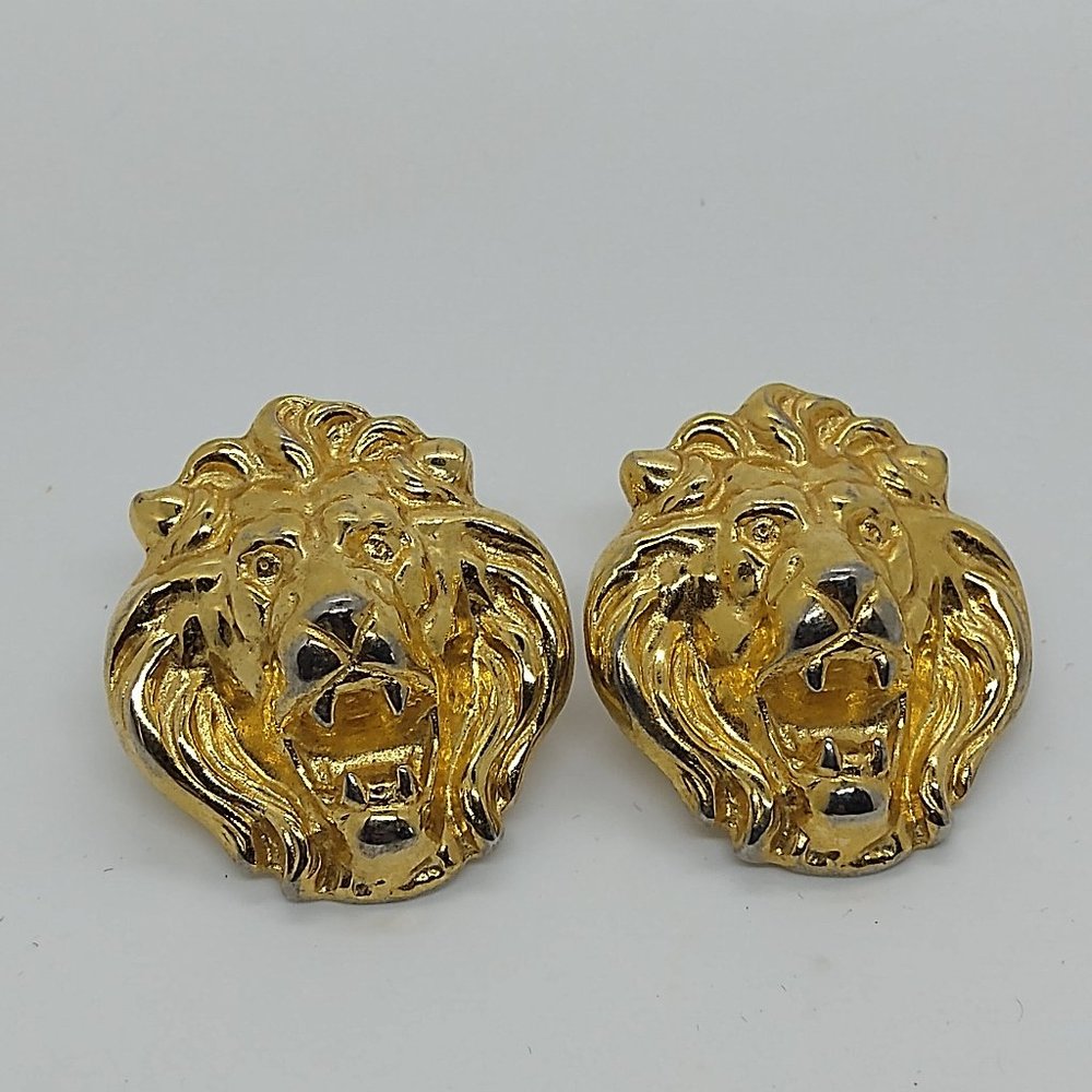 Vintage Anne Klein Lions Head Medallion Pierced Earrings in 3D 80's